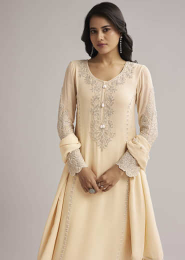 Off White Beaded Kurti Pant Set With Dupatta