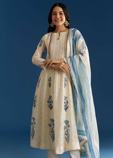 Off White Block Print Anarkali With Zardosi Yoke And Block Print Dupatta