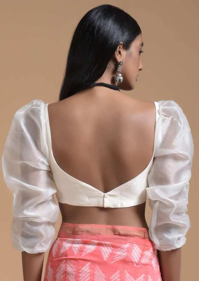 Off White Blouse In Raw Silk With Fancy Puffed Organza Sleeves And Sweetheart Neckline
