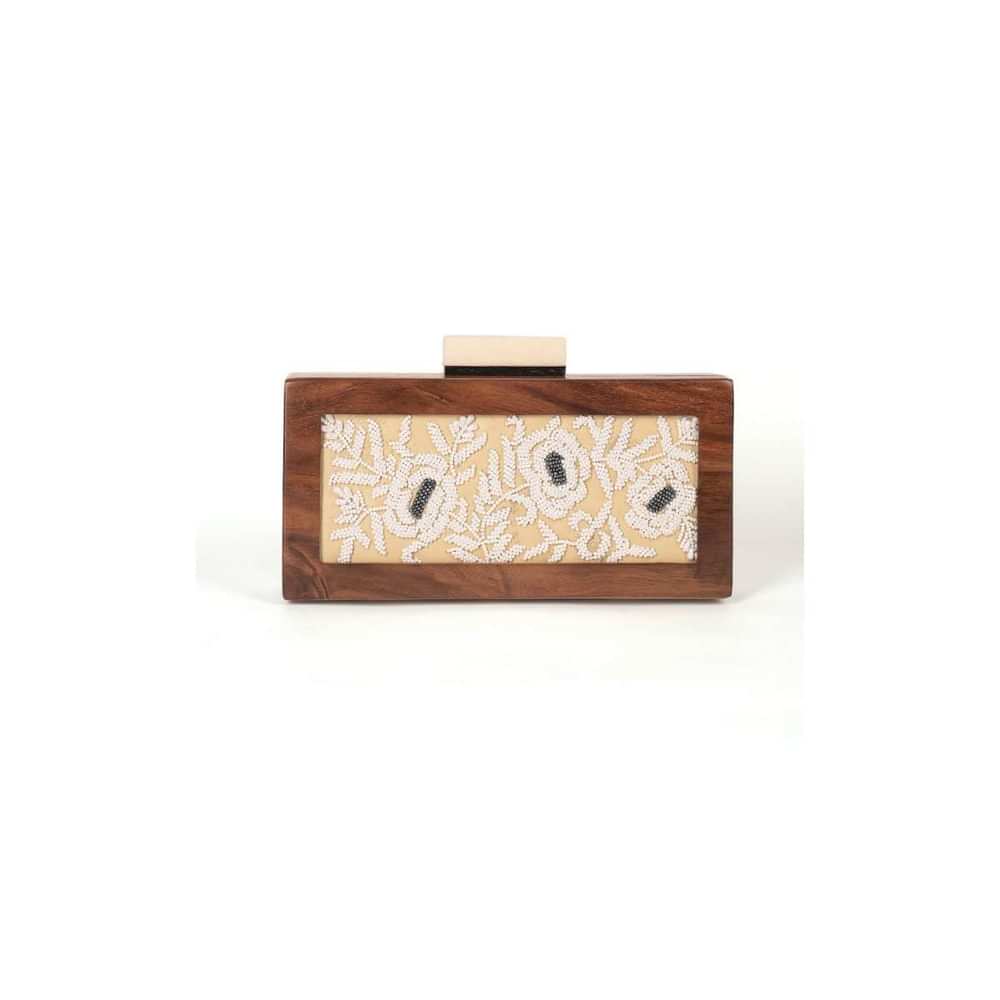 Off White Box Clutch With Vintage Wooden Frame And Pearl Embroidery Online - Kalki Fashion