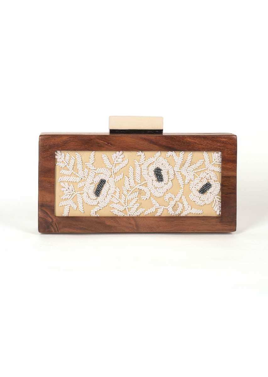 Off White Box Clutch With Vintage Wooden Frame And Pearl Embroidery Online - Kalki Fashion