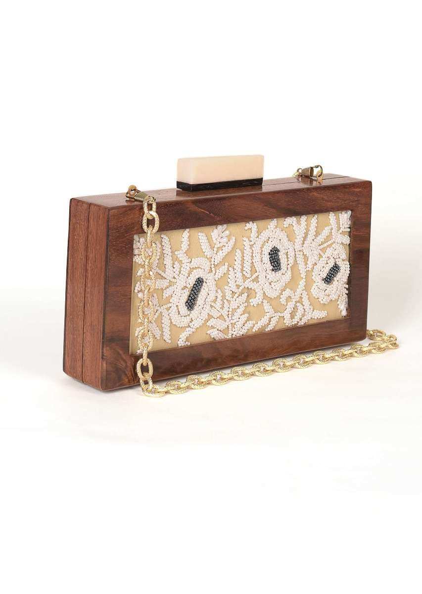 Off White Box Clutch With Vintage Wooden Frame And Pearl Embroidery Online - Kalki Fashion
