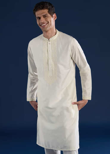 Off White Chanderi Kashmiri Work Mens Kurta and Pant Set