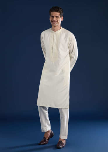 Off White Chanderi Kashmiri Work Mens Kurta and Pant Set