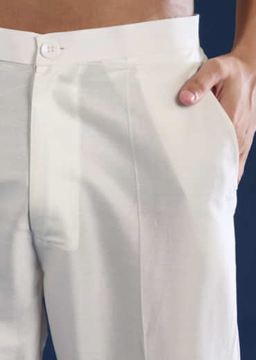 Off White Chanderi Kashmiri Work Mens Kurta and Pant Set