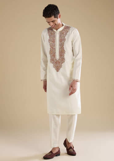 Off White Chanderi Kurta Set with Kashmiri Hand Work