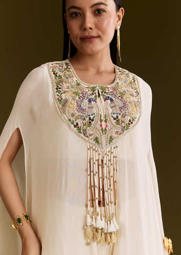 Off White Chinon Cape Suit With Zardosi And Moti Embroidery