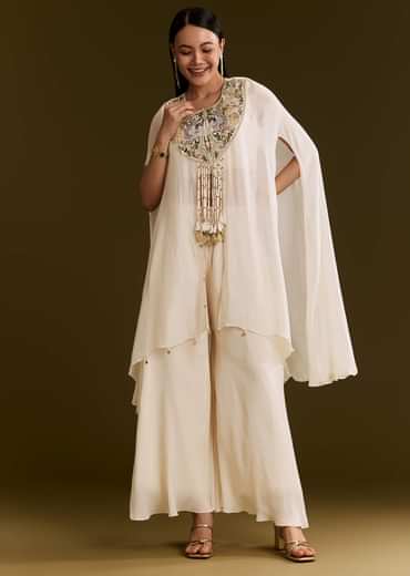 Off White Chinon Cape Suit With Zardosi And Moti Embroidery