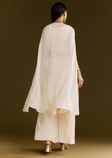 Off White Chinon Cape Suit With Zardosi And Moti Embroidery