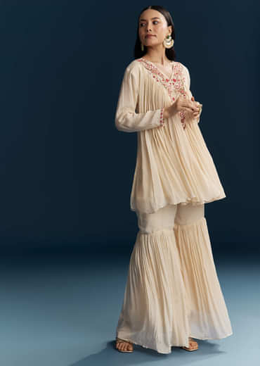 Off White Chinon Indo Western Top And Sharara Set With Zardosi Work