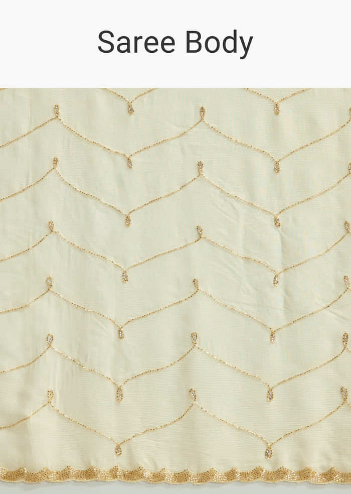 Off White Chinon Saree with Cutdana and Stone Work