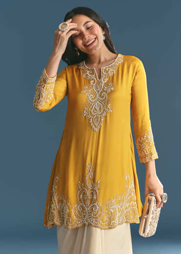 Off White Chinon Skirt Set With Yellow Moti Embroidered Kurta