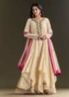 Off White Cora Cotton Asymmetrical Kurta Palazzo With Net Dupatta