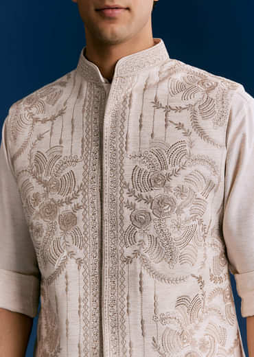 Off White Cotton Kurta Jacket Set With Embroidery
