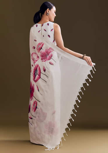 Off White Cotton Linen Saree With Artistic Floral Print