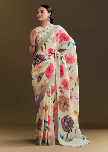 Pista Cotton Linen Saree With Multicolor Florals