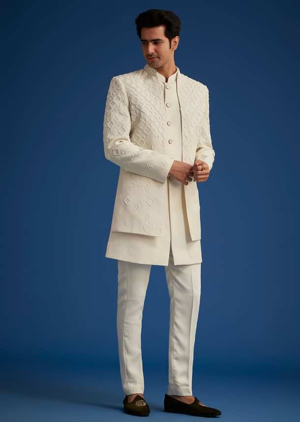 Off White Cotton Satin Sherwani Set With Embroidered Jacket