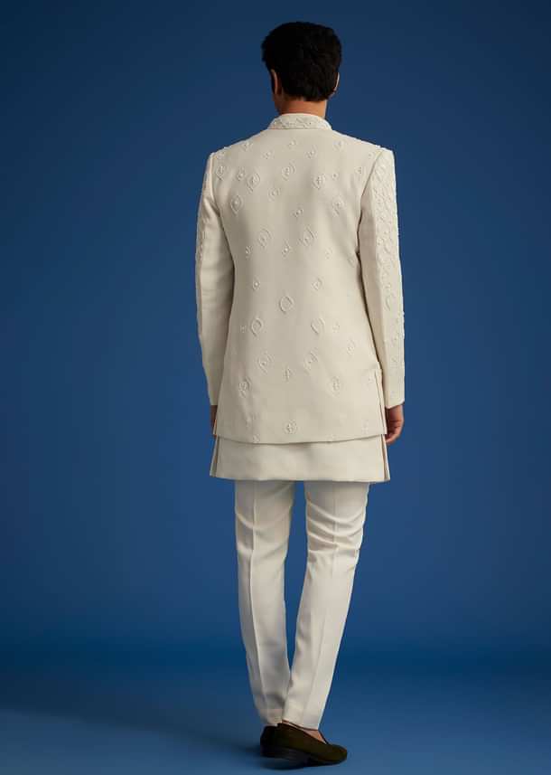 Off White Cotton Satin Sherwani Set With Embroidered Jacket