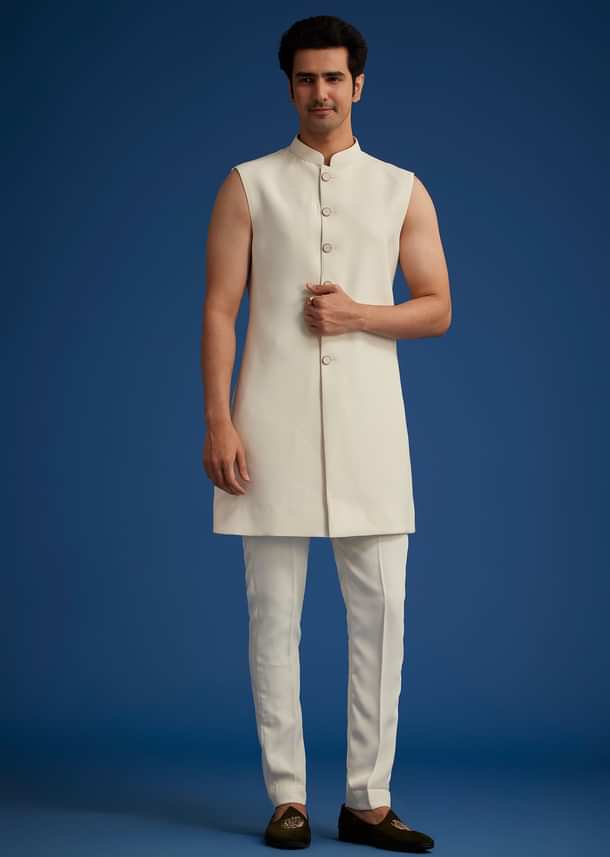 Off White Cotton Satin Sherwani Set With Embroidered Jacket