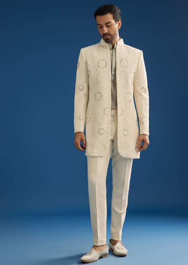 Off White Crush Tissue Sherwani Set With Beads And Cutdana Work