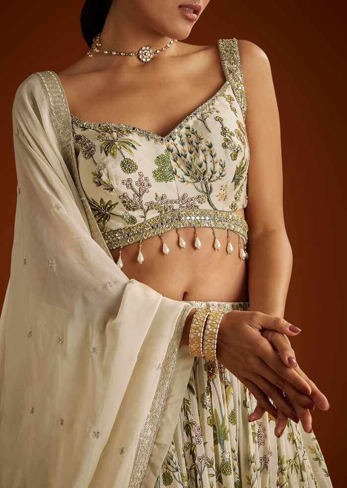 Off White Floral Printed Lehenga Choli With Butti Work Dupatta