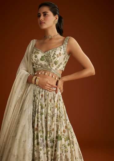Off White Floral Printed Lehenga Choli With Butti Work Dupatta