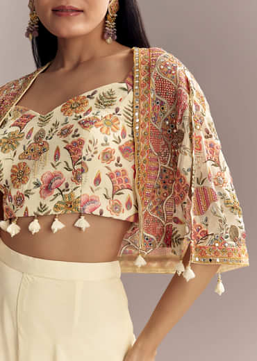 Off White Georgette Crop Top And Palazzo Set With Embroidered Cape