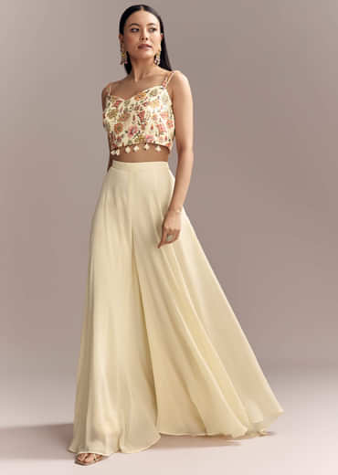 Off White Georgette Crop Top And Palazzo Set With Embroidered Cape