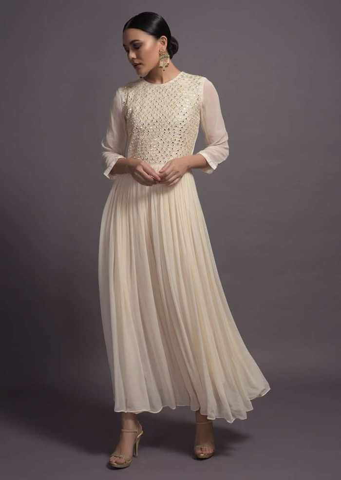 Off White Georgette Jumpsuit With Mirror And Resham Embroidered Bodice