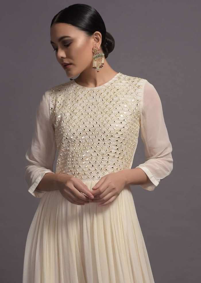 Off White Georgette Jumpsuit With Mirror And Resham Embroidered Bodice