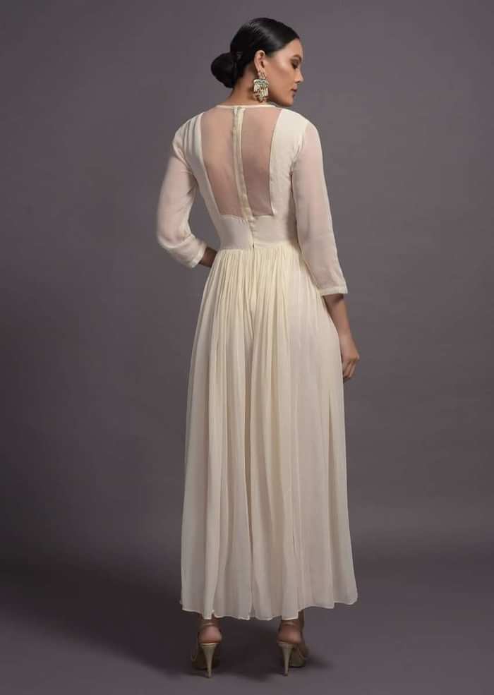 Off White Georgette Jumpsuit With Mirror And Resham Embroidered Bodice