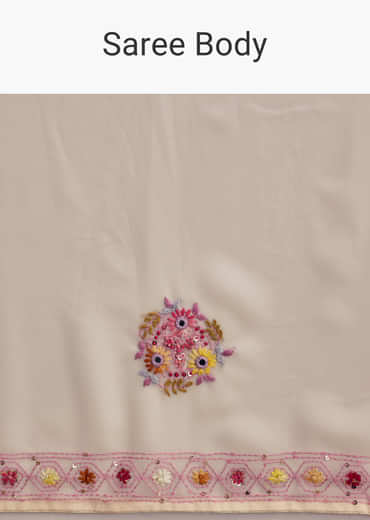 Off White Georgette Saree With Kashmiri Thread Buds
