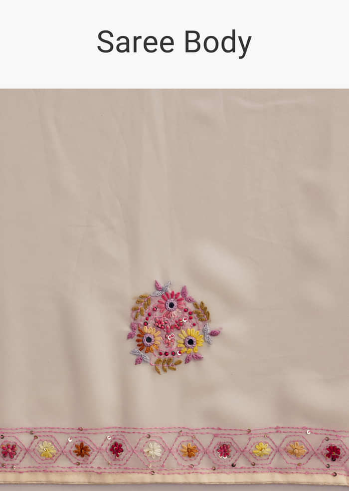 Off White Georgette Saree With Kashmiri Thread Buds