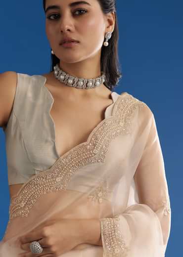 Off White Glass Tissue Saree With Embroidered Scallop Border