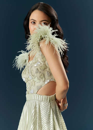 Off White Imported Lycra Bridal Gown With Heavy Embroidery And Feather Work