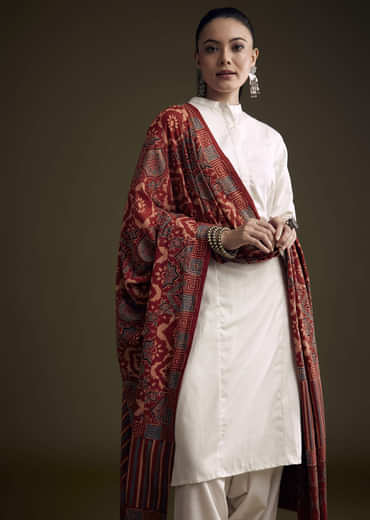Off White Khadi Dhoti Suit With Red Hand Dyed Ajrakh Dupatta