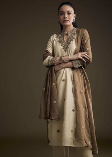 Off White Khadi Kurta Set With Resham Embroidery