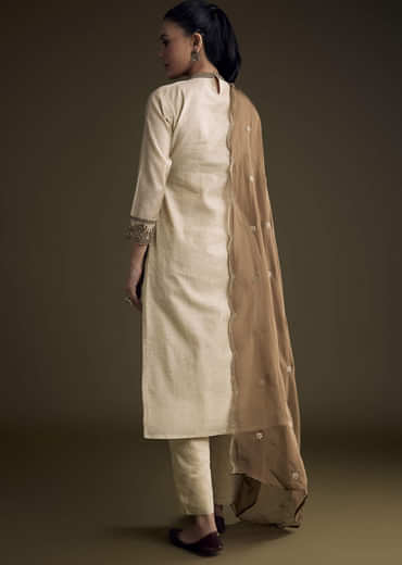 Off White Khadi Kurta Set With Resham Embroidery