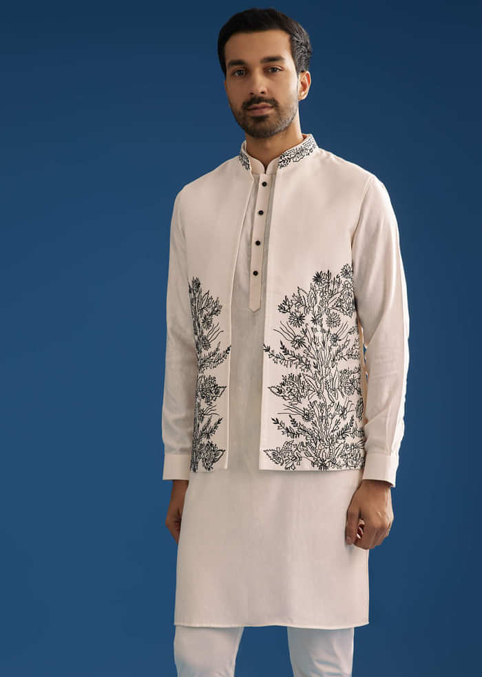 Off White Kurta Jacket Set With Machine Embroidery