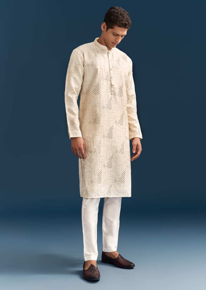 Off-White Linen Kurta Set For Men With Mirror Embroidery