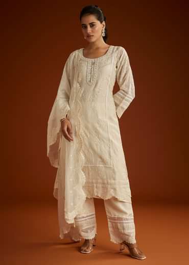 Off White Mul Chanderi Embroidered Kurta Dupatta Set