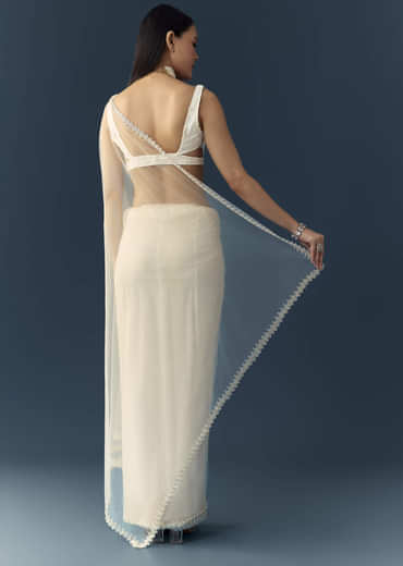 Off White Net Cutwork Border Saree with Unstitched Blouse