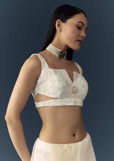 Off White Net Cutwork Border Saree with Unstitched Blouse