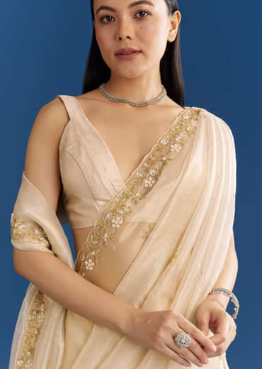 Off White Organza Tissue Saree With Beaded Scallop Border