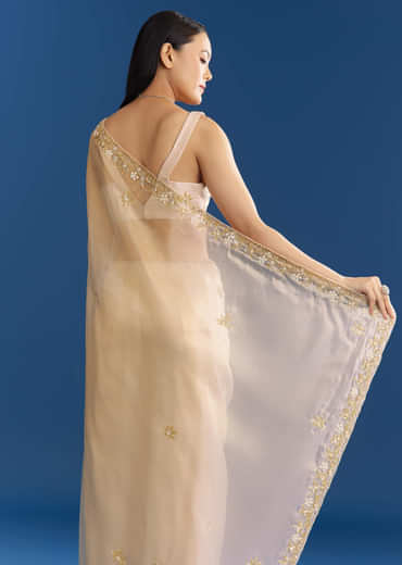 Off White Organza Tissue Saree With Beaded Scallop Border
