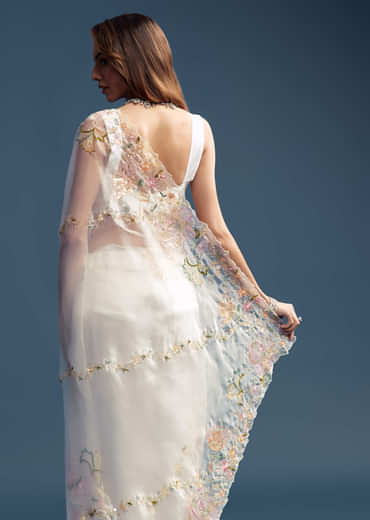 Off White Paper Tissue Saree With Floral Embroidery
