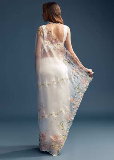 Off White Paper Tissue Saree With Floral Embroidery
