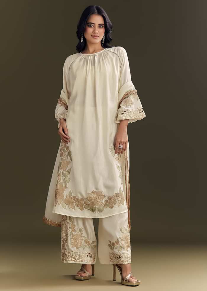Off White Russian Silk Kurta Dupatta Set With Applique Zari Work