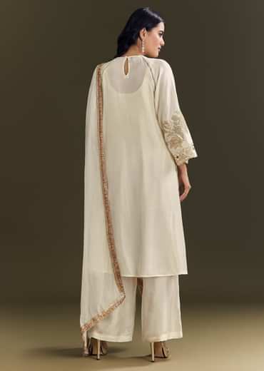Off White Russian Silk Kurta Dupatta Set With Applique Zari Work