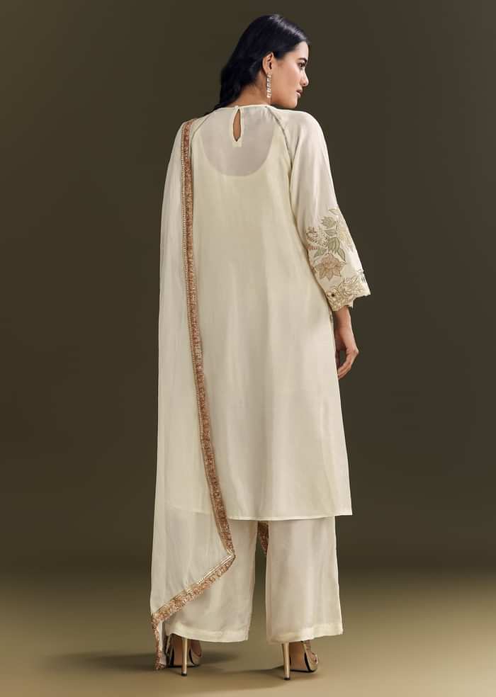Off White Russian Silk Kurta Dupatta Set With Applique Zari Work